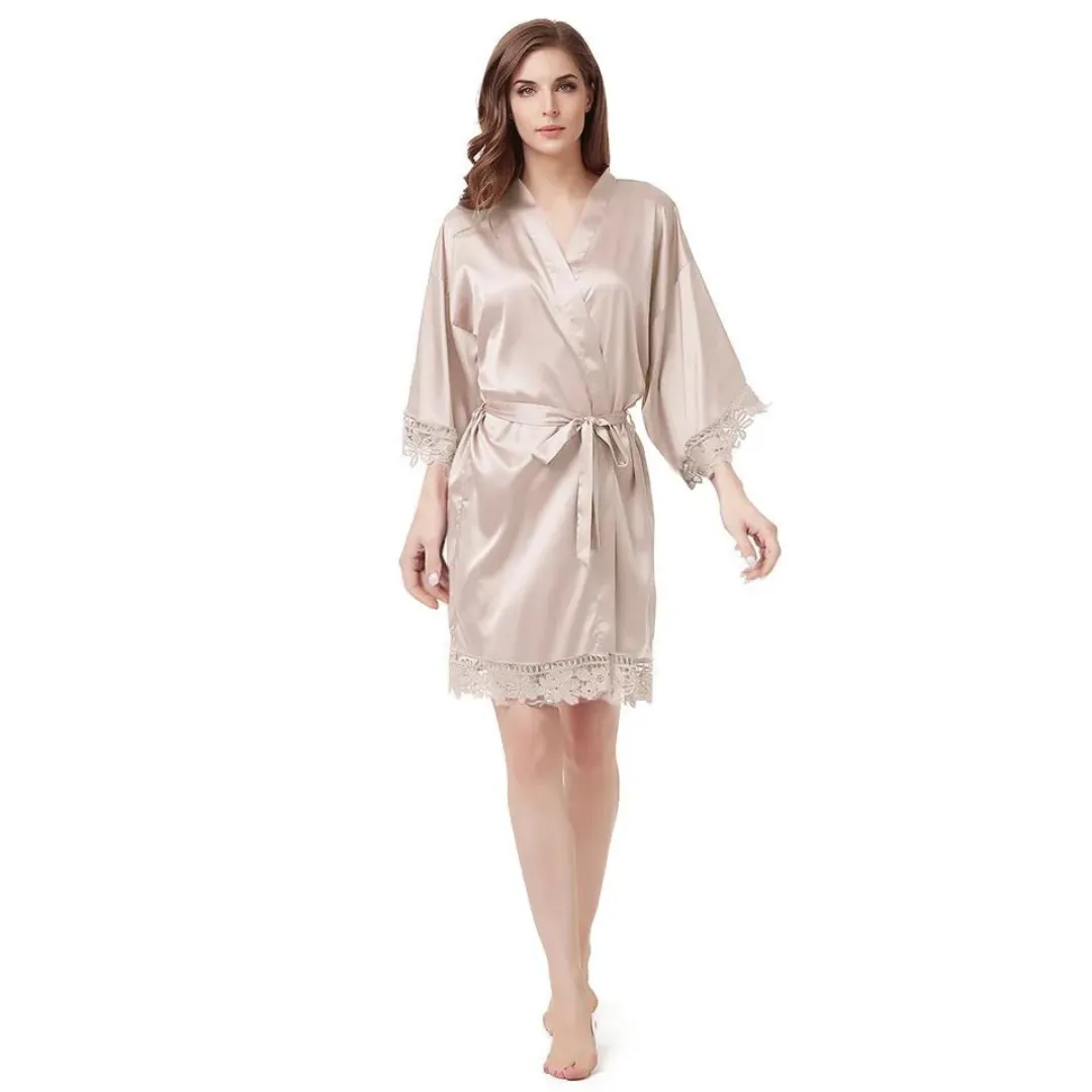 Women's Blank Bridal Day Robe With Crochet Detail - Pale Champagne