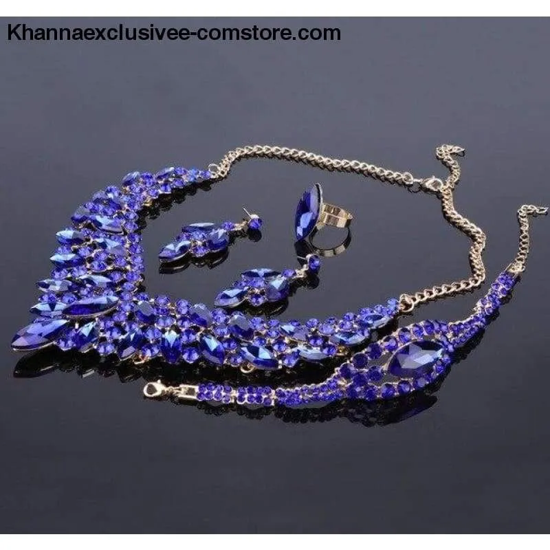 Women's Blue Crystal Rhinestone Gold Color Necklace Earrings Bracelet Ring  Luxury Bridal Jewelry Set