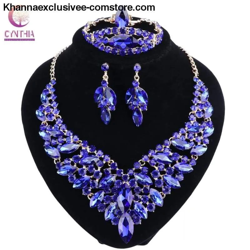Women's Blue Crystal Rhinestone Gold Color Necklace Earrings Bracelet Ring  Luxury Bridal Jewelry Set