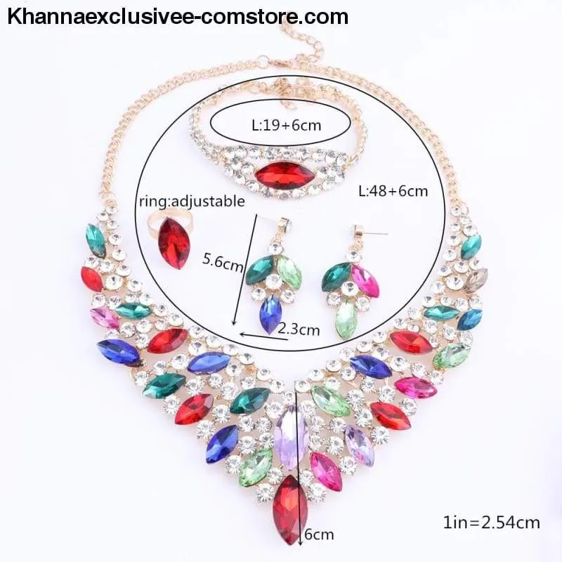 Women's Blue Crystal Rhinestone Gold Color Necklace Earrings Bracelet Ring  Luxury Bridal Jewelry Set
