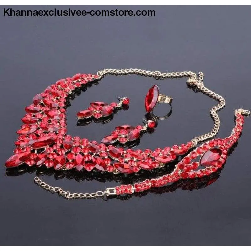 Women's Blue Crystal Rhinestone Gold Color Necklace Earrings Bracelet Ring  Luxury Bridal Jewelry Set