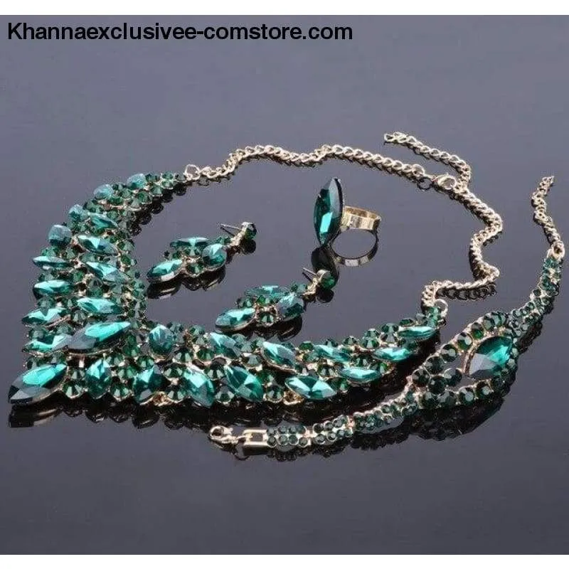 Women's Blue Crystal Rhinestone Gold Color Necklace Earrings Bracelet Ring  Luxury Bridal Jewelry Set
