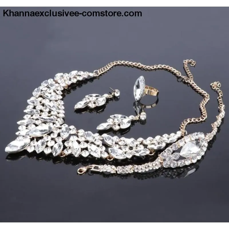 Women's Blue Crystal Rhinestone Gold Color Necklace Earrings Bracelet Ring  Luxury Bridal Jewelry Set