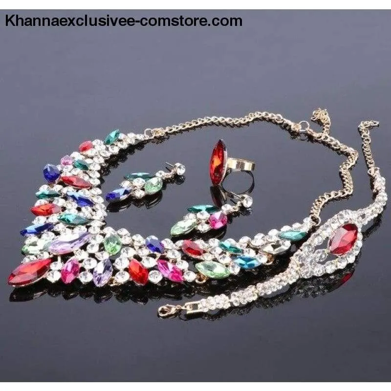 Women's Blue Crystal Rhinestone Gold Color Necklace Earrings Bracelet Ring  Luxury Bridal Jewelry Set