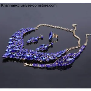 Women's Blue Crystal Rhinestone Gold Color Necklace Earrings Bracelet Ring  Luxury Bridal Jewelry Set