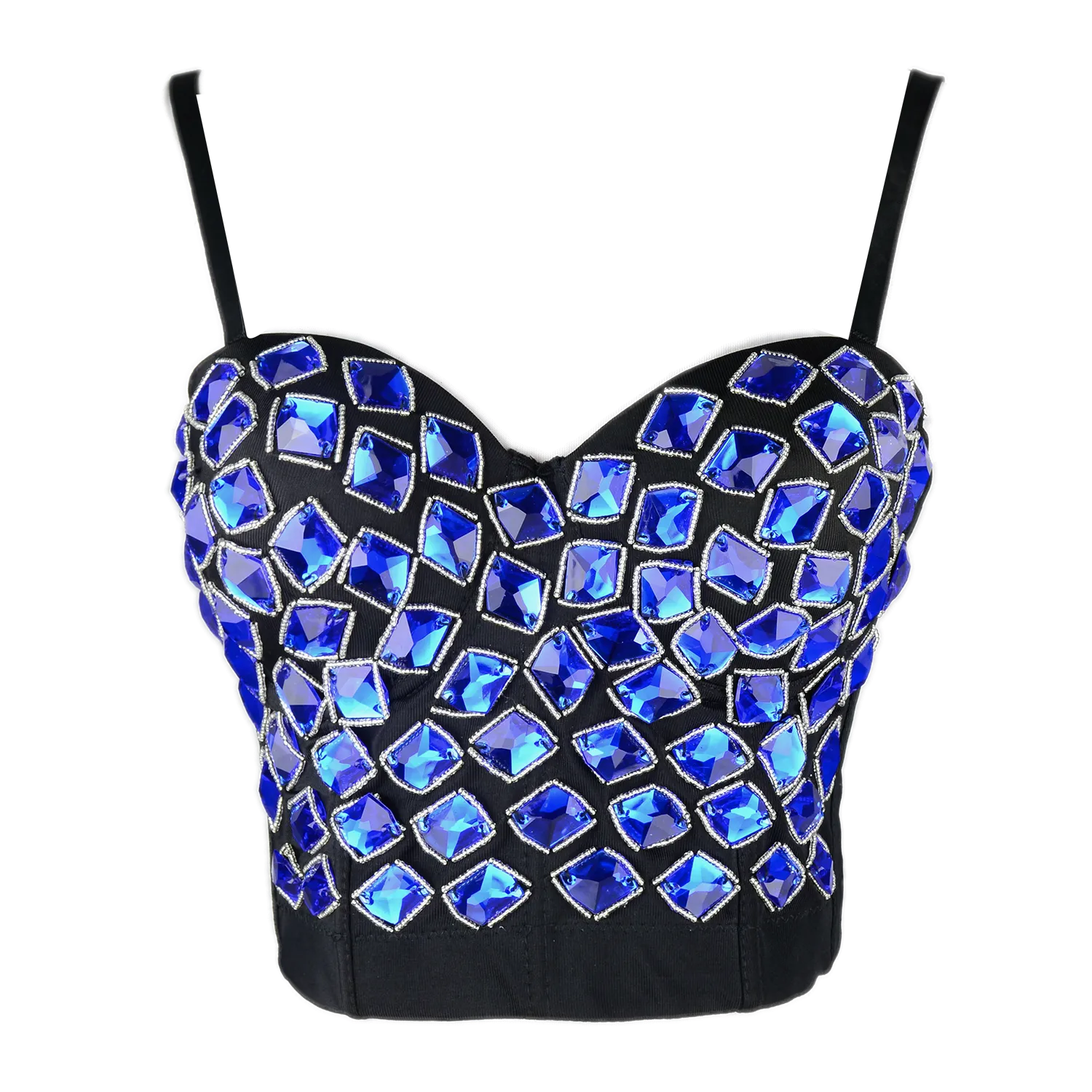 Women's Blue Rhinestone Beaded Punk Bustier Crop Top Party Club Corset Bra