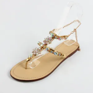 Women's Buckle Strap Rhinestones Chains Fashion Gladiator Flat Summer Sandals Shoes