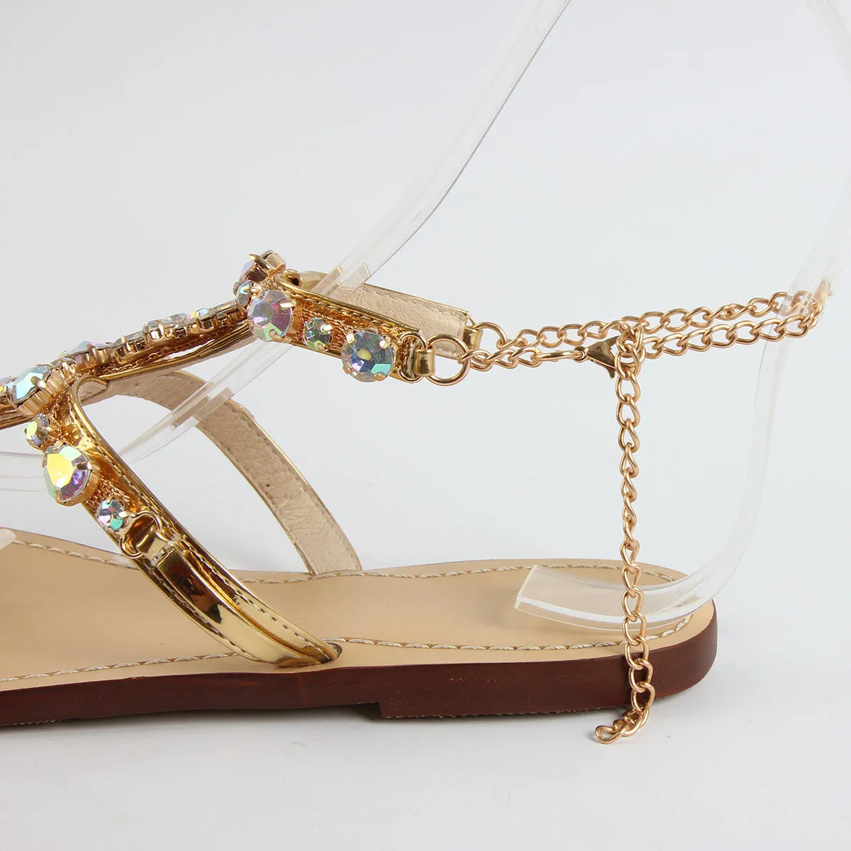 Women's Buckle Strap Rhinestones Chains Fashion Gladiator Flat Summer Sandals Shoes