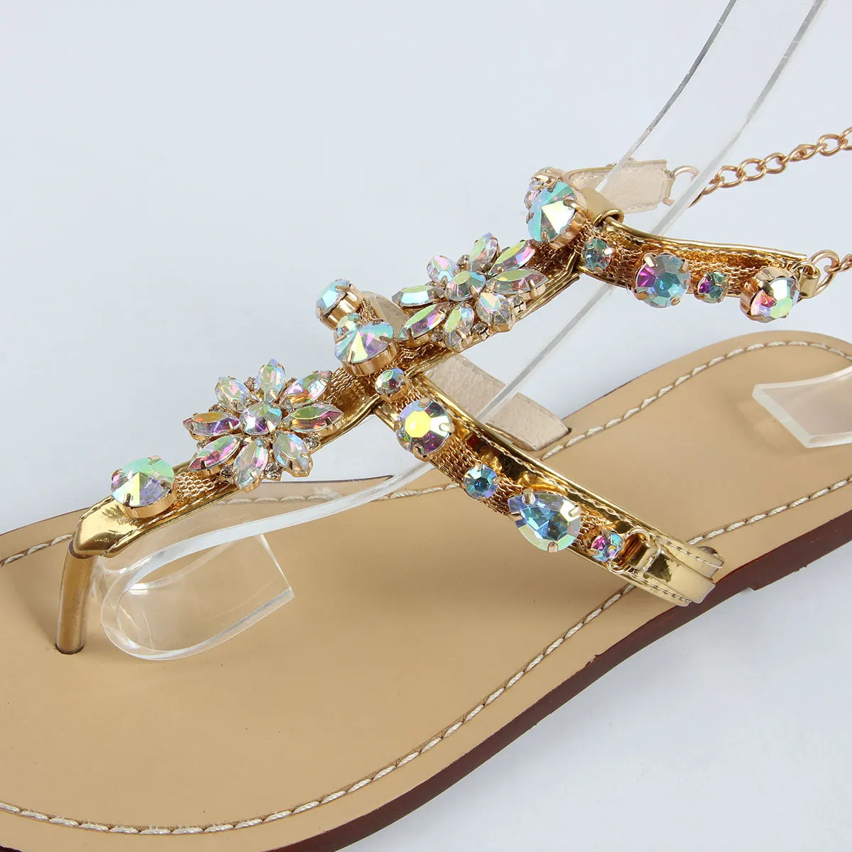 Women's Buckle Strap Rhinestones Chains Fashion Gladiator Flat Summer Sandals Shoes