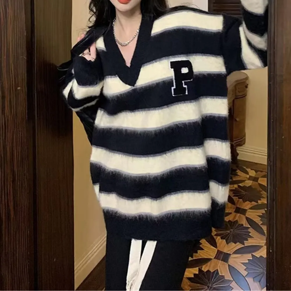 Women's Classic Letter P Striped Sweater