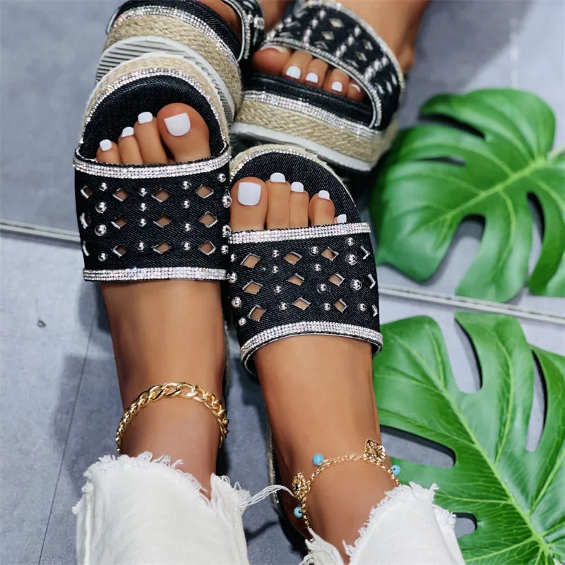 Women's Comfortable Rhinestone Denim Solid Color Slippers