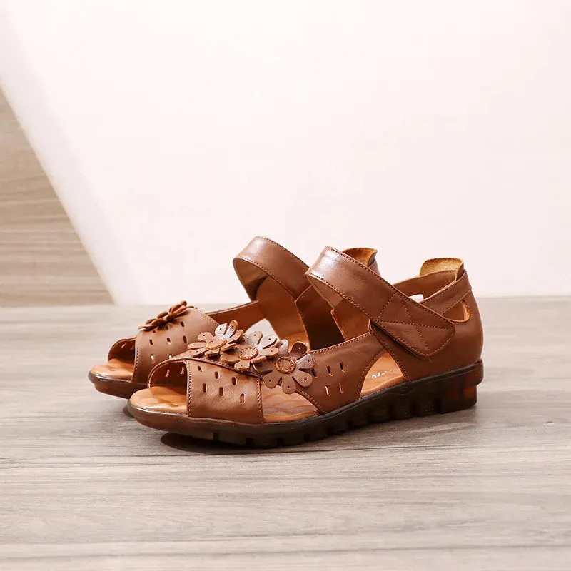 Women's Cute Sandals Genuine Leather Peep Toe Ladies Sandals Summer Shoes Low Heel Hook & Loop & Loop Soft Comfortable Flat Contour Walking Sandals