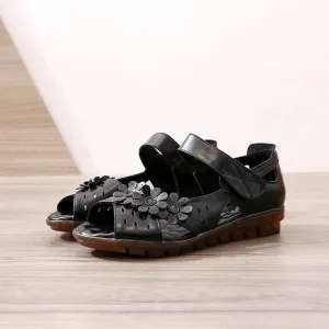 Women's Cute Sandals Genuine Leather Peep Toe Ladies Sandals Summer Shoes Low Heel Hook & Loop & Loop Soft Comfortable Flat Contour Walking Sandals