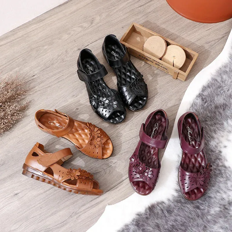 Women's Cute Sandals Genuine Leather Peep Toe Ladies Sandals Summer Shoes Low Heel Hook & Loop & Loop Soft Comfortable Flat Contour Walking Sandals