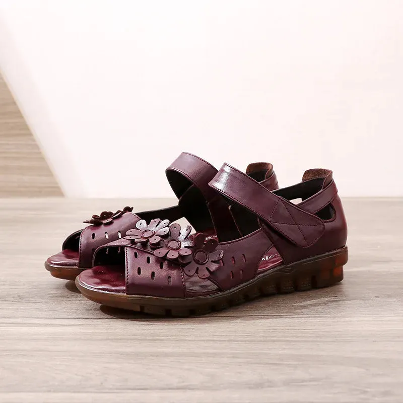 Women's Cute Sandals Genuine Leather Peep Toe Ladies Sandals Summer Shoes Low Heel Hook & Loop & Loop Soft Comfortable Flat Contour Walking Sandals