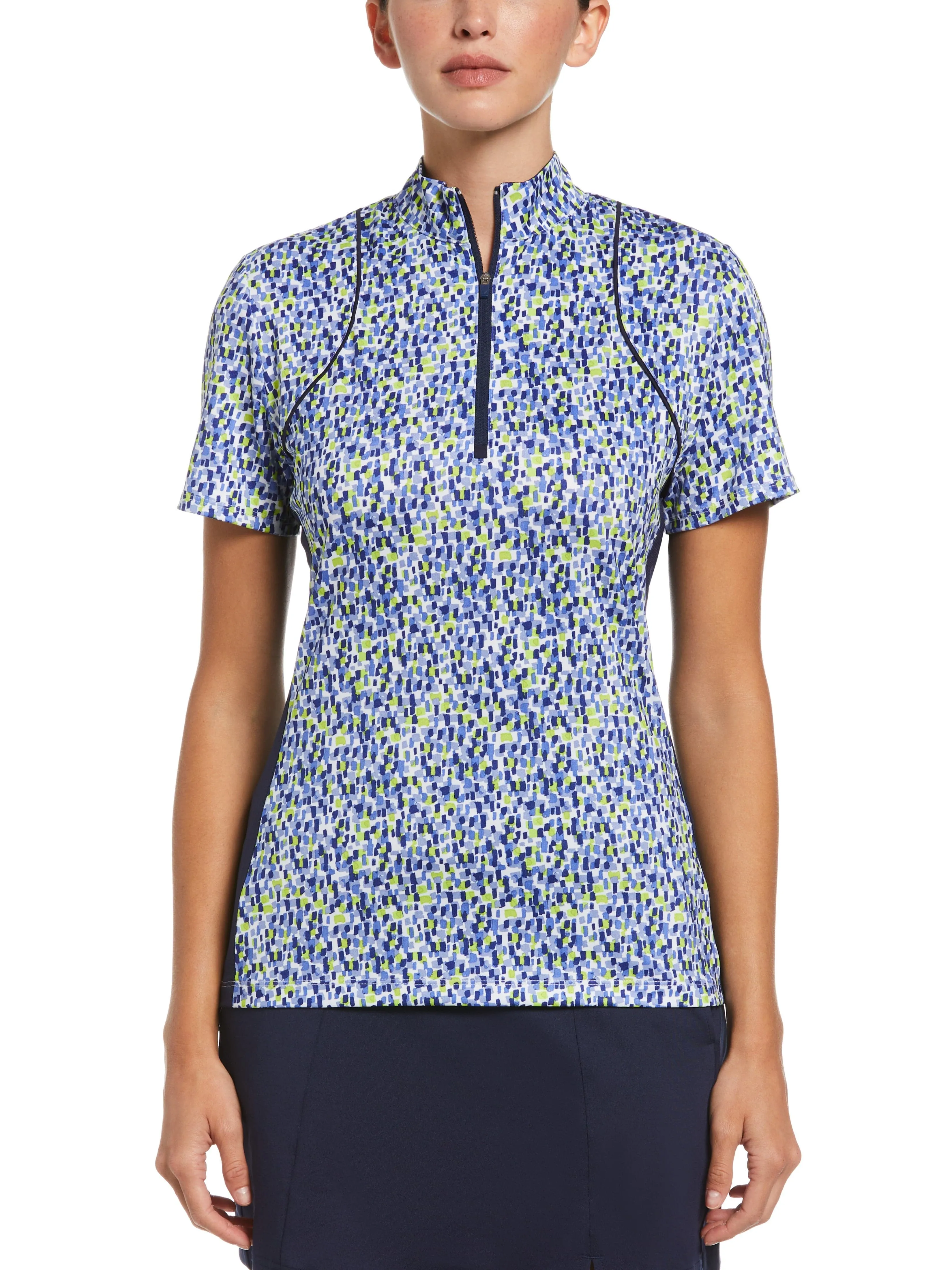 Womens Digital Confetti Print Color Block Golf Polo