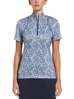 Womens Digital Confetti Print Color Block Golf Polo