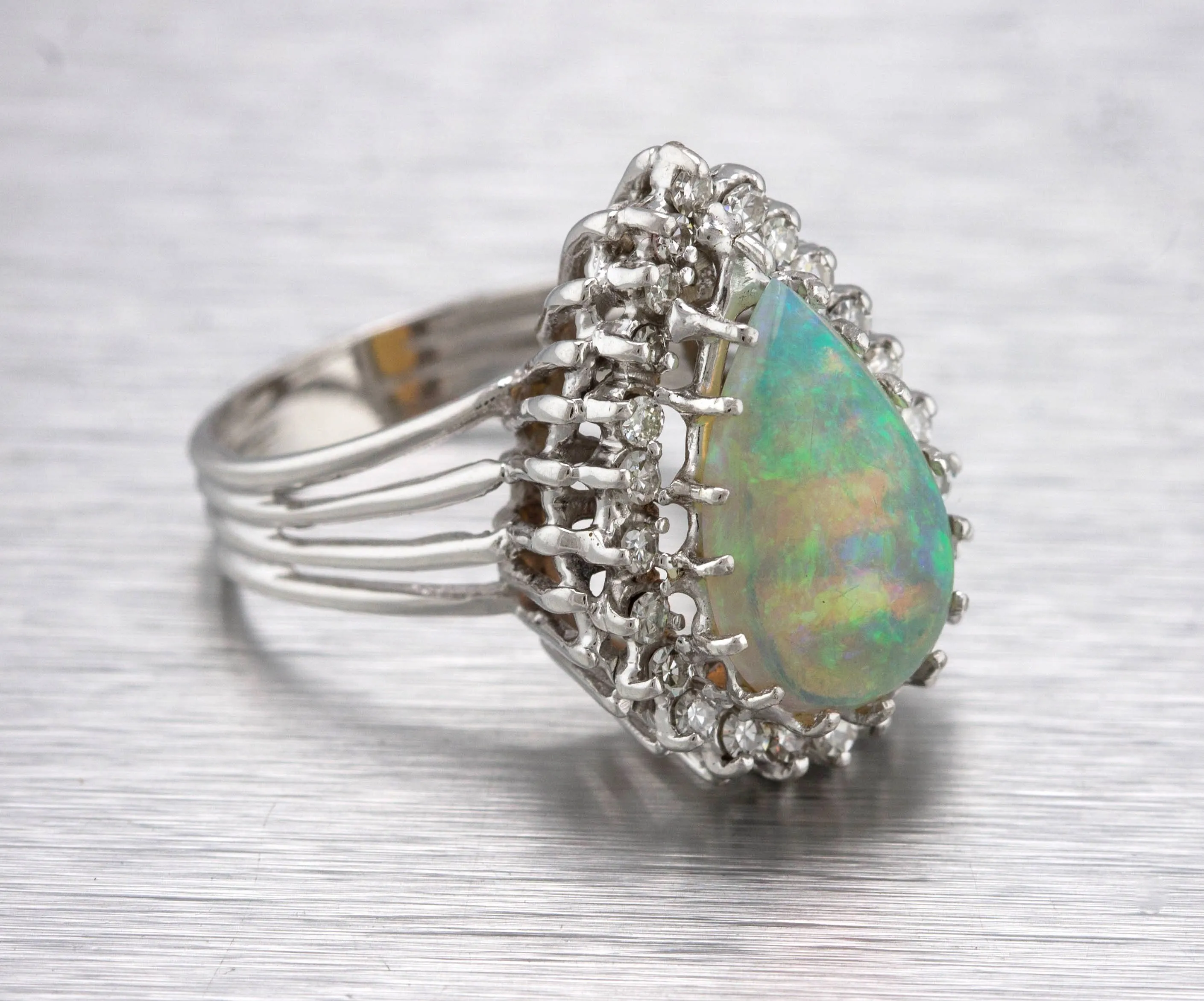 Women's Elegant 14K White Gold 2.20 CT Brazilian Opal Diamond Cocktail Ring