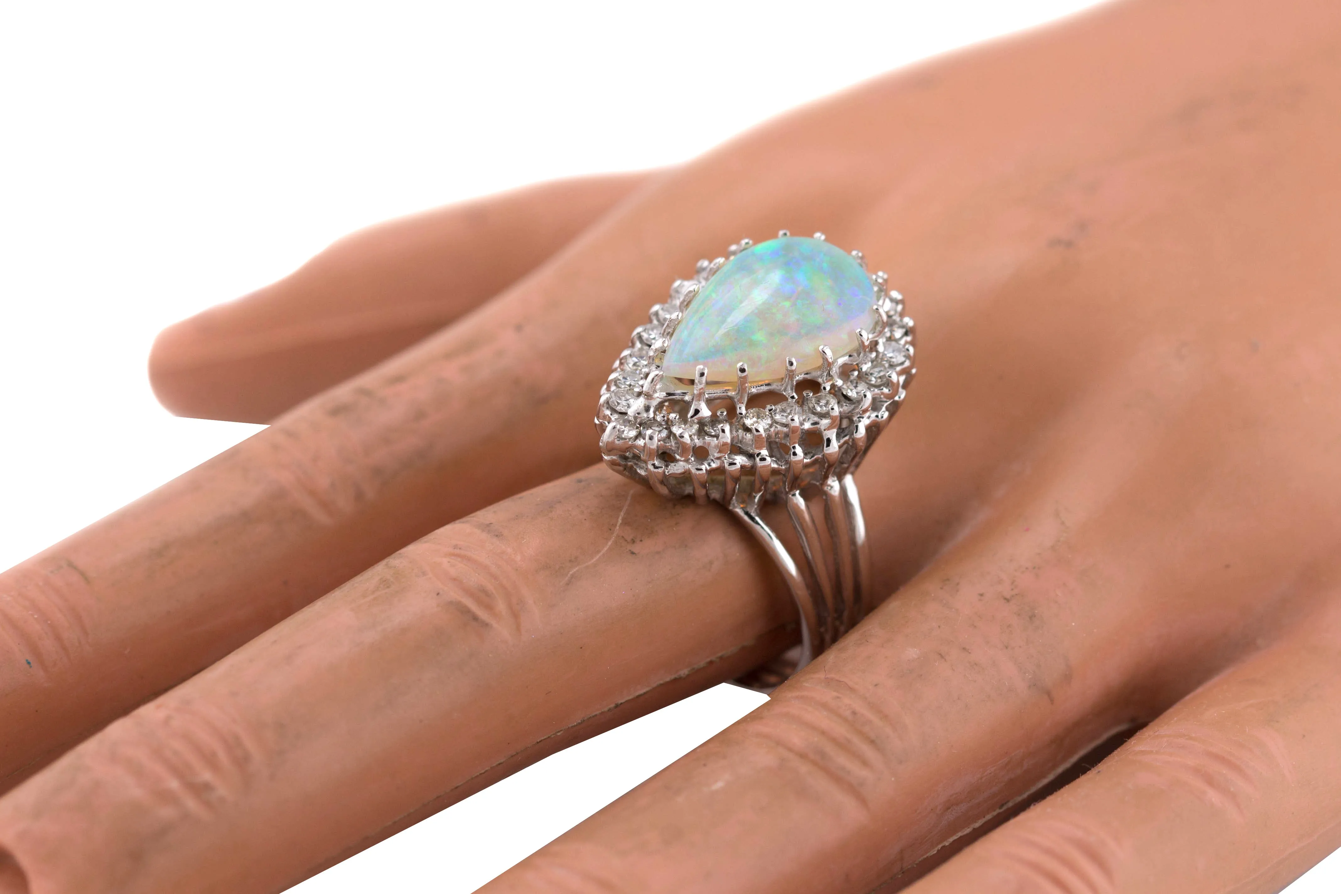 Women's Elegant 14K White Gold 2.20 CT Brazilian Opal Diamond Cocktail Ring