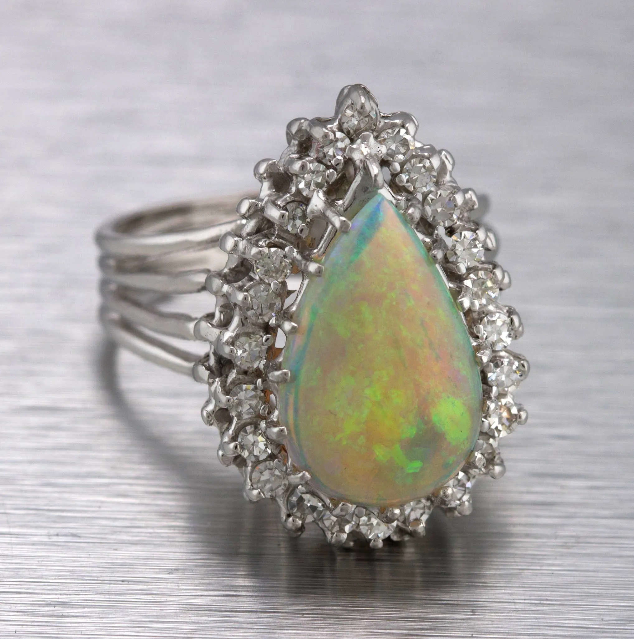 Women's Elegant 14K White Gold 2.20 CT Brazilian Opal Diamond Cocktail Ring