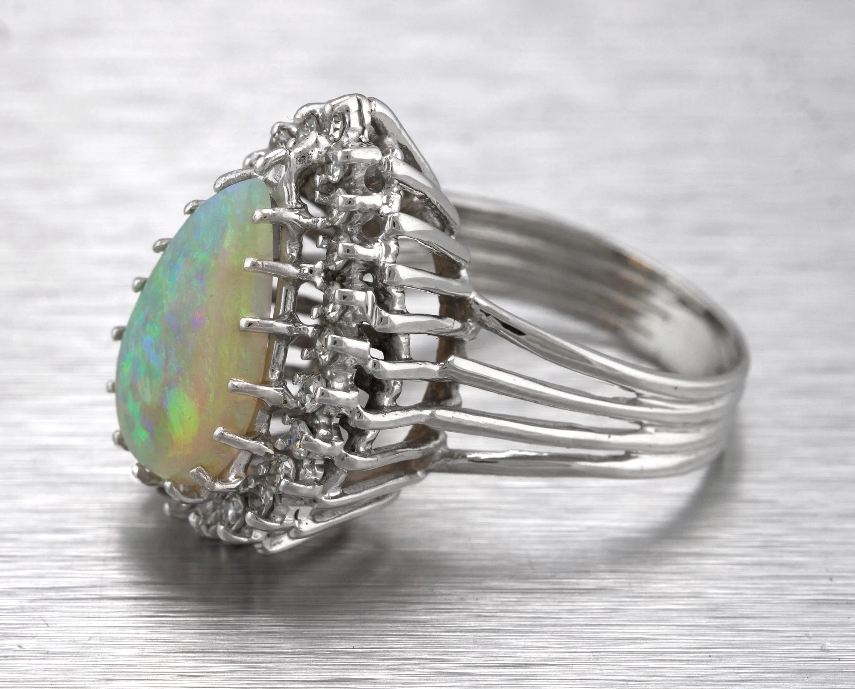 Women's Elegant 14K White Gold 2.20 CT Brazilian Opal Diamond Cocktail Ring