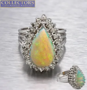 Women's Elegant 14K White Gold 2.20 CT Brazilian Opal Diamond Cocktail Ring