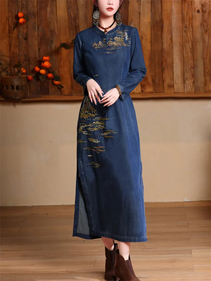 Women's Elegant High-Rise Side Slit Blue Denim Embroidery Qipao