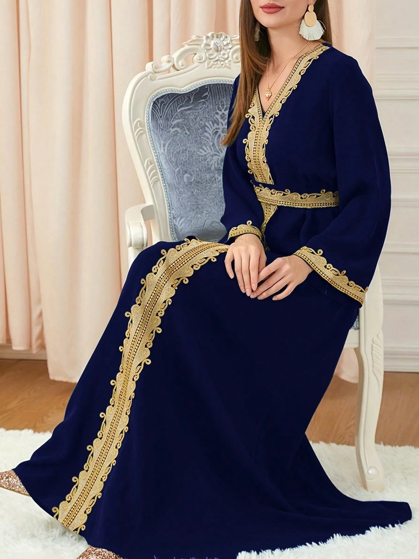 Women's Floral Embroidery Lapel Collar 3/4 Sleeve Dress