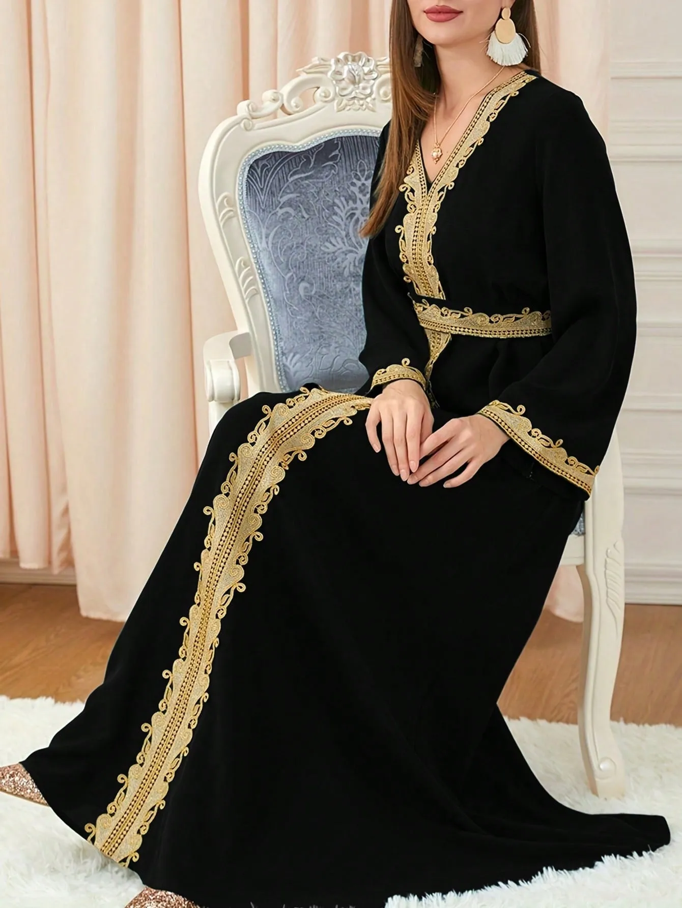 Women's Floral Embroidery Lapel Collar 3/4 Sleeve Dress