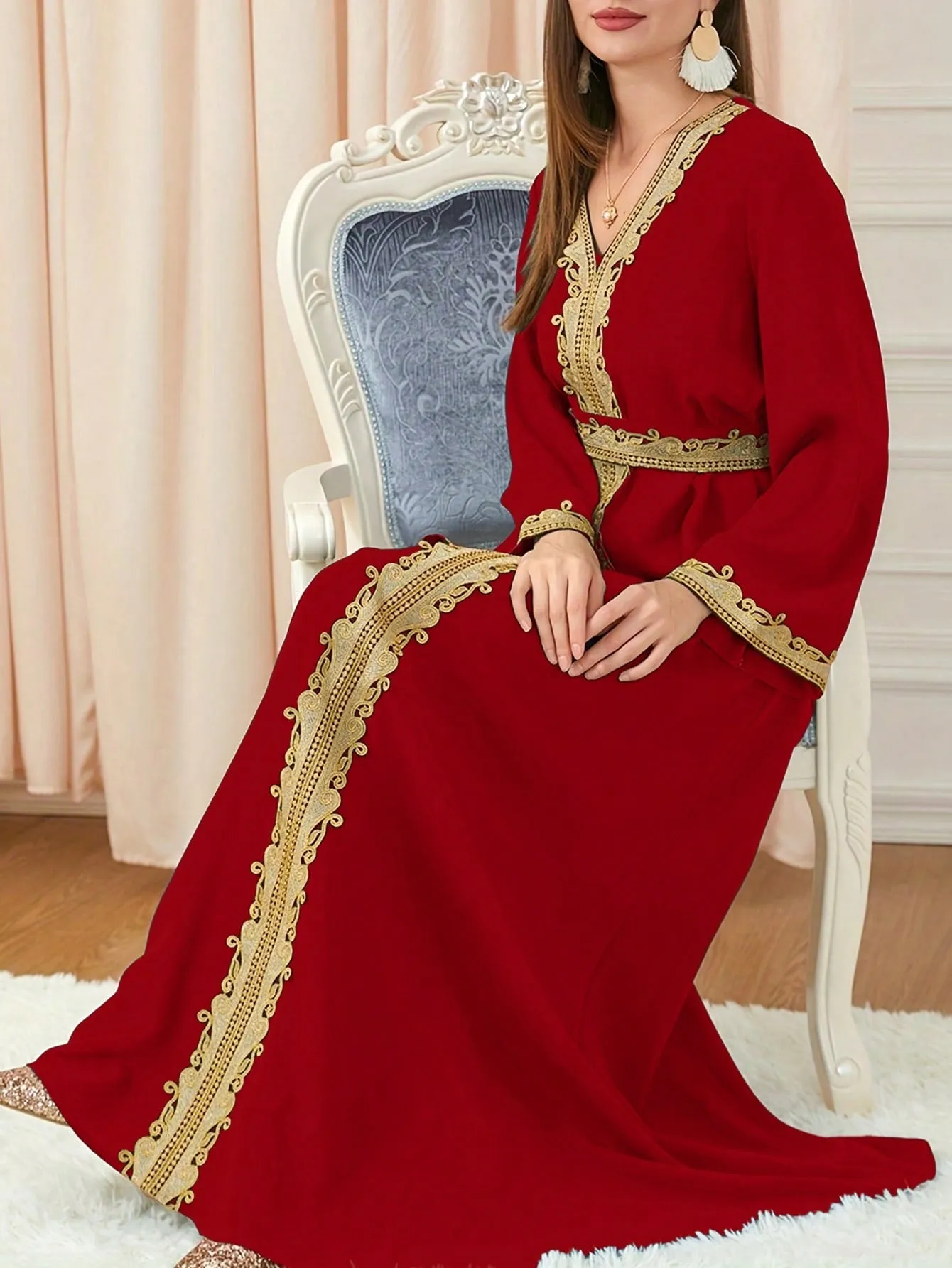 Women's Floral Embroidery Lapel Collar 3/4 Sleeve Dress