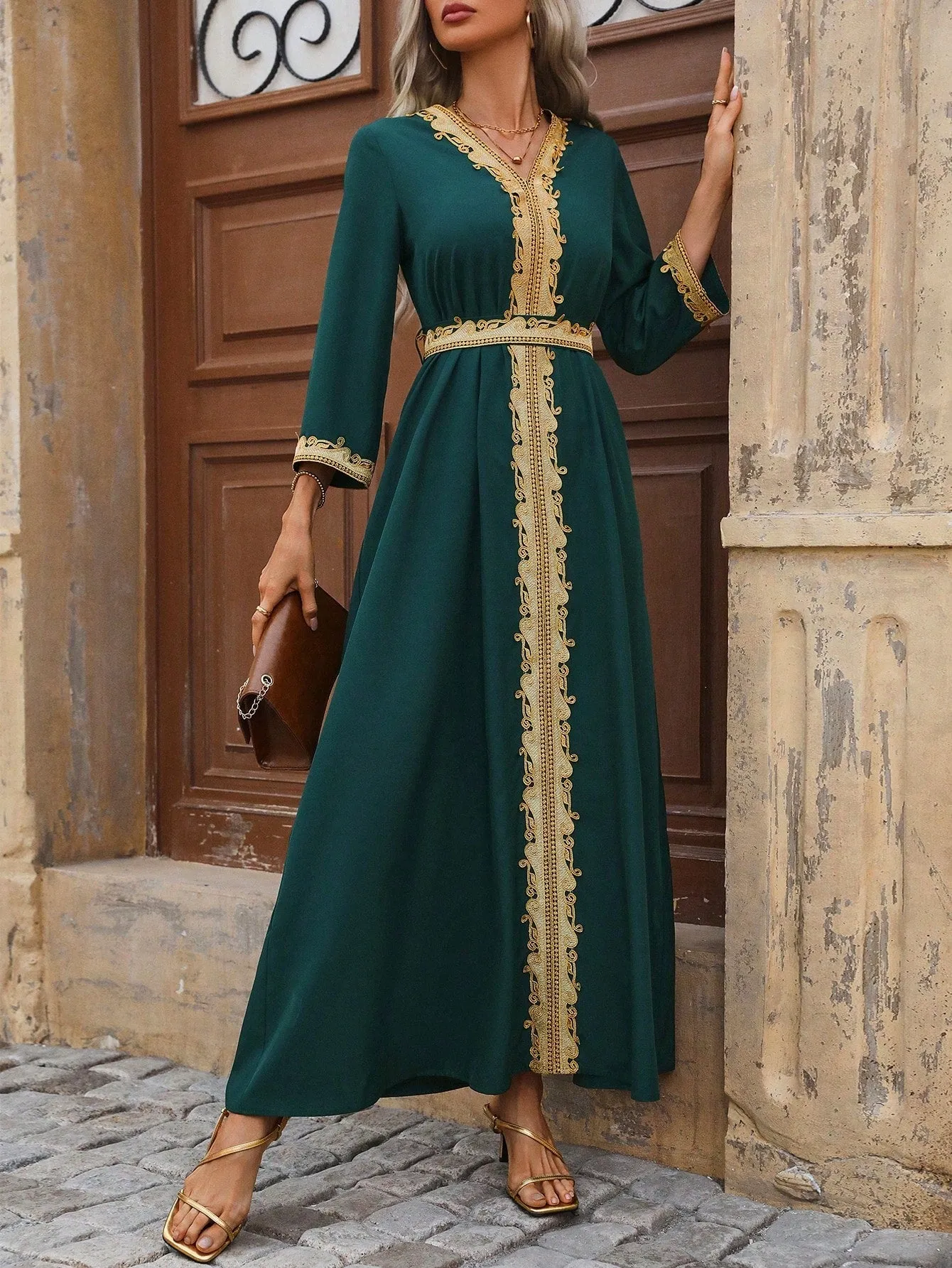 Women's Floral Embroidery Lapel Collar 3/4 Sleeve Dress