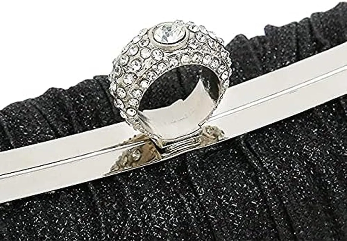 Womens Golden Clutch Purse, Pleated Evening Bagwith Rhinestone
