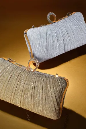 Womens Golden Clutch Purse, Pleated Evening Bagwith Rhinestone