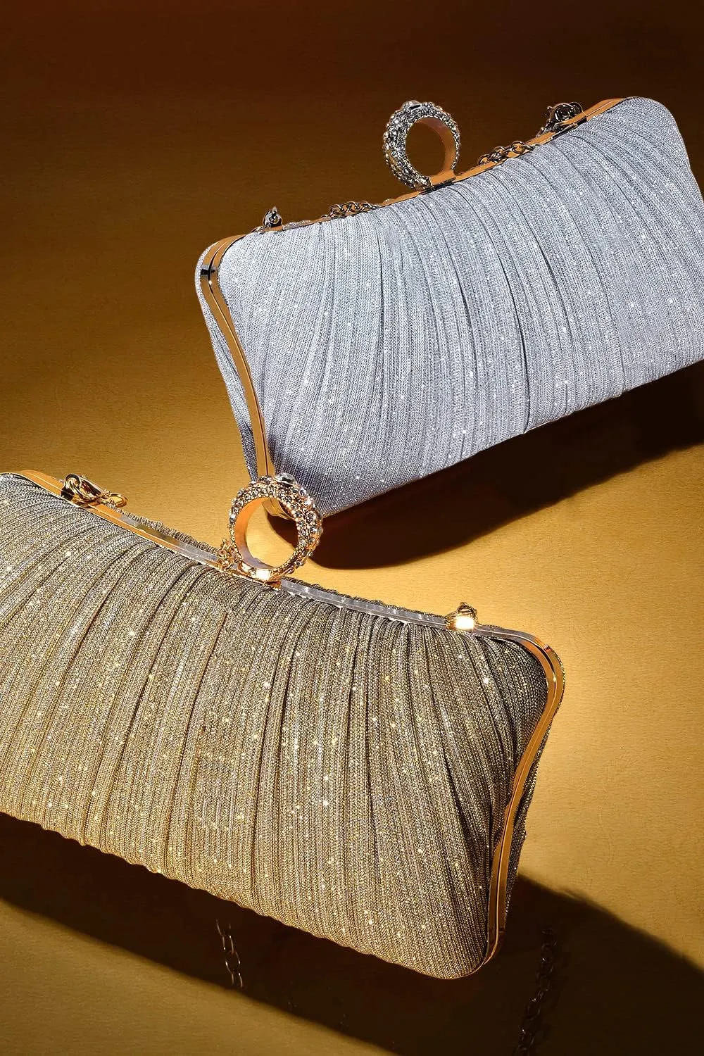 Womens Golden Clutch Purse, Pleated Evening Bagwith Rhinestone