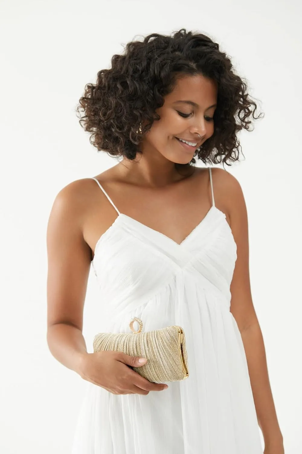 Womens Golden Clutch Purse, Pleated Evening Bagwith Rhinestone
