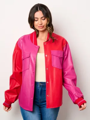 WOMEN'S LONG SLEEVE POCKETS BUTTON CLOSURE COLORBLOCK PU PLEATHER JACKET