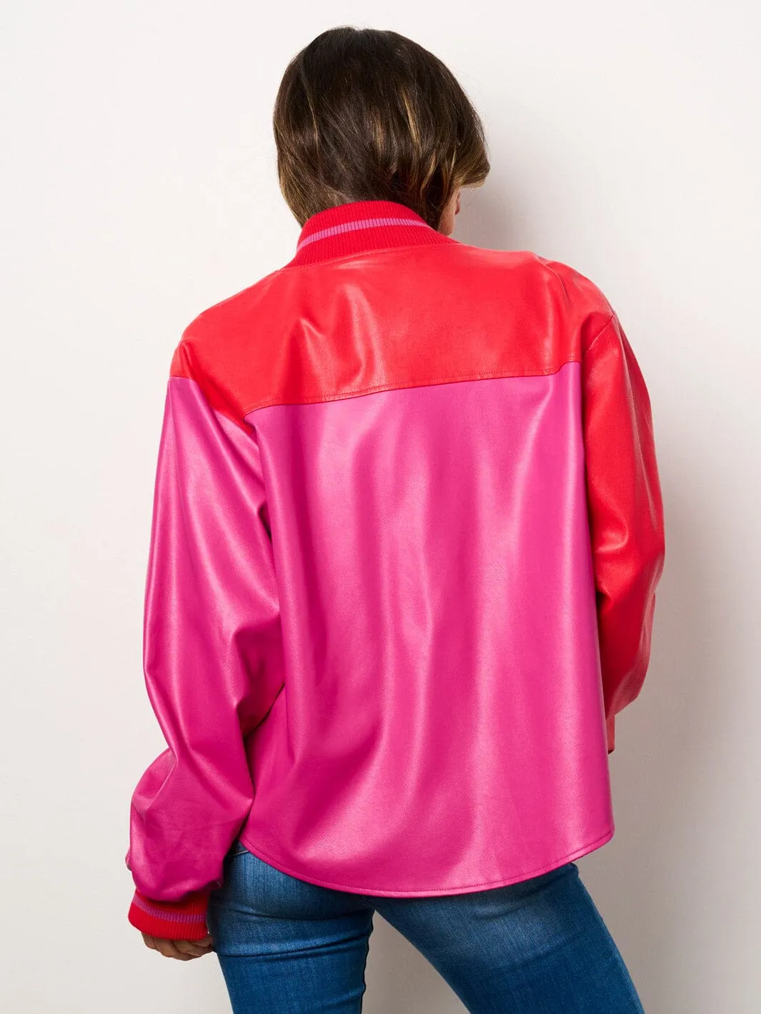WOMEN'S LONG SLEEVE POCKETS BUTTON CLOSURE COLORBLOCK PU PLEATHER JACKET
