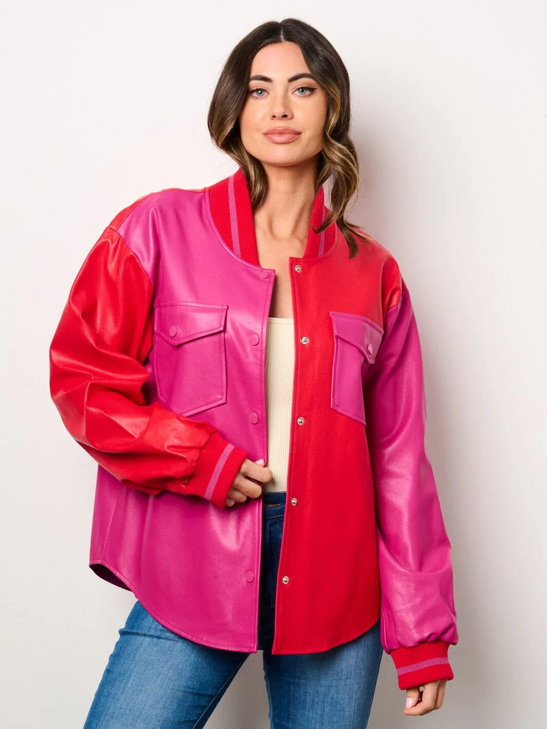 WOMEN'S LONG SLEEVE POCKETS BUTTON CLOSURE COLORBLOCK PU PLEATHER JACKET