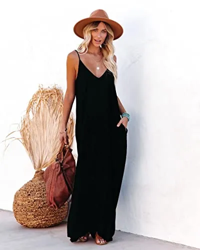 Women's Loose Maxi Dresses Casual Long Dresses with Pockets (S, Black)