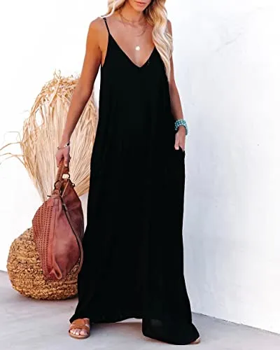 Women's Loose Maxi Dresses Casual Long Dresses with Pockets (S, Black)