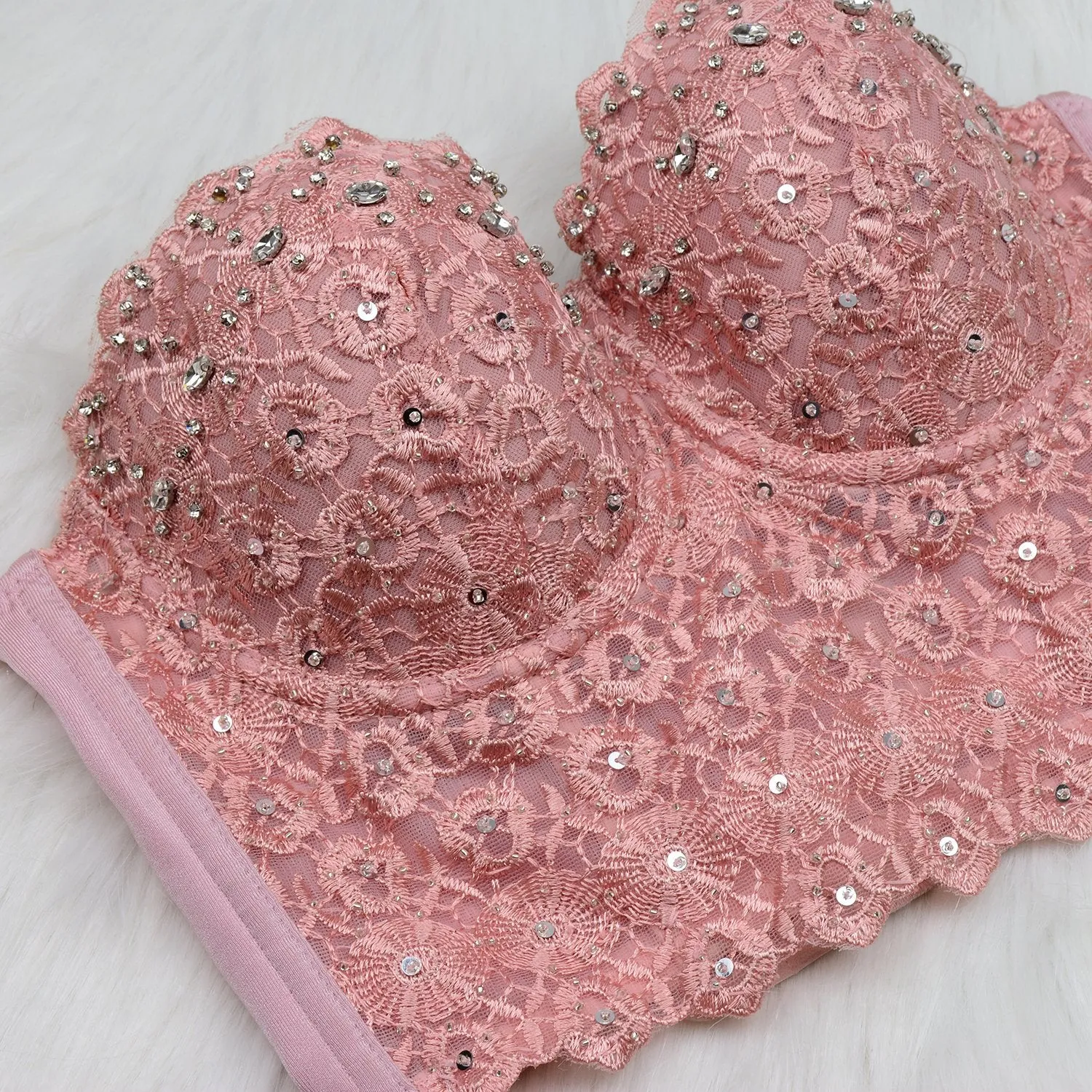 Women's Natural Reigning Lace Rhinestone Bustier Crop Top Sexy Mesh Corset Top Bra Pink