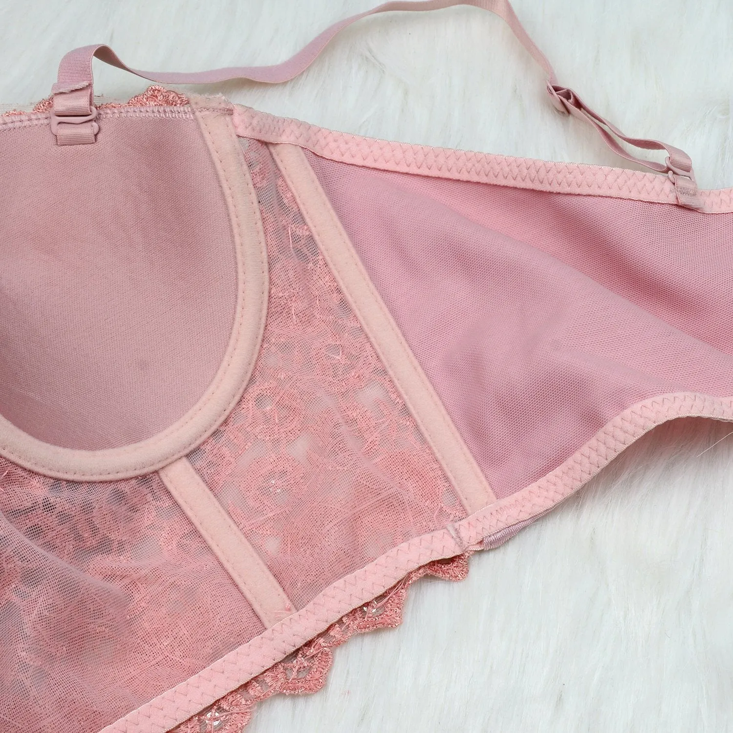 Women's Natural Reigning Lace Rhinestone Bustier Crop Top Sexy Mesh Corset Top Bra Pink