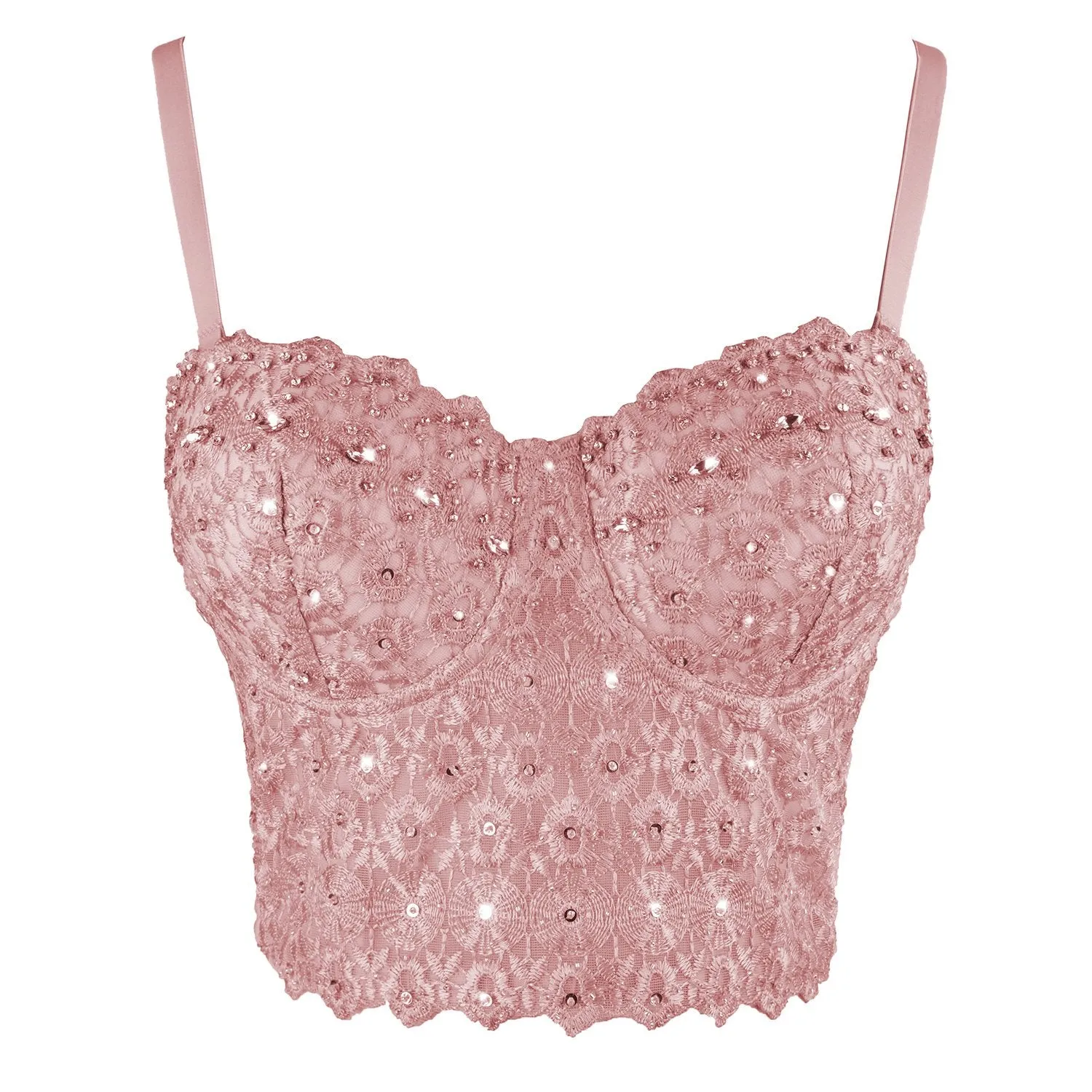 Women's Natural Reigning Lace Rhinestone Bustier Crop Top Sexy Mesh Corset Top Bra Pink