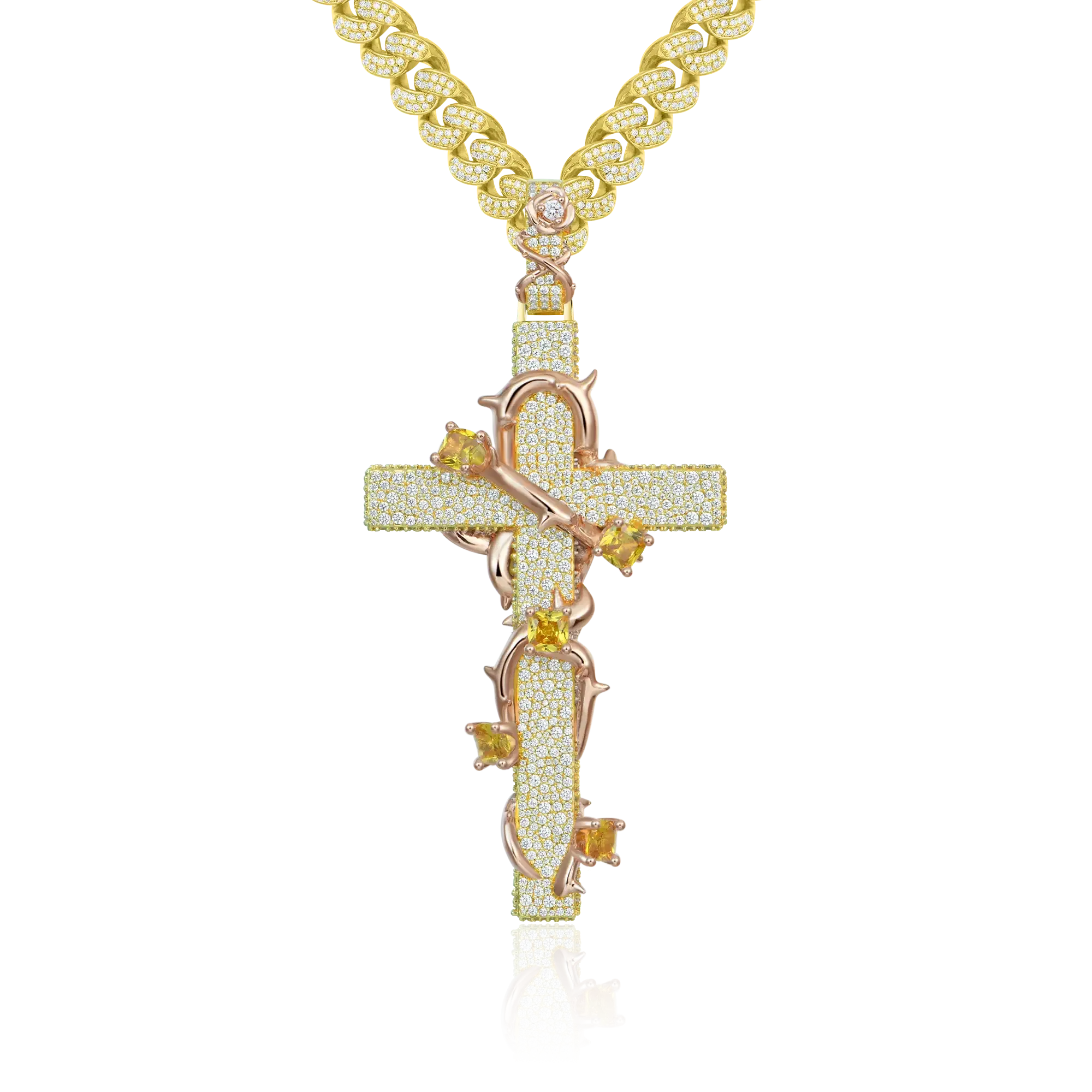 Women's Pave Set Thorned Rose Cross Pendant