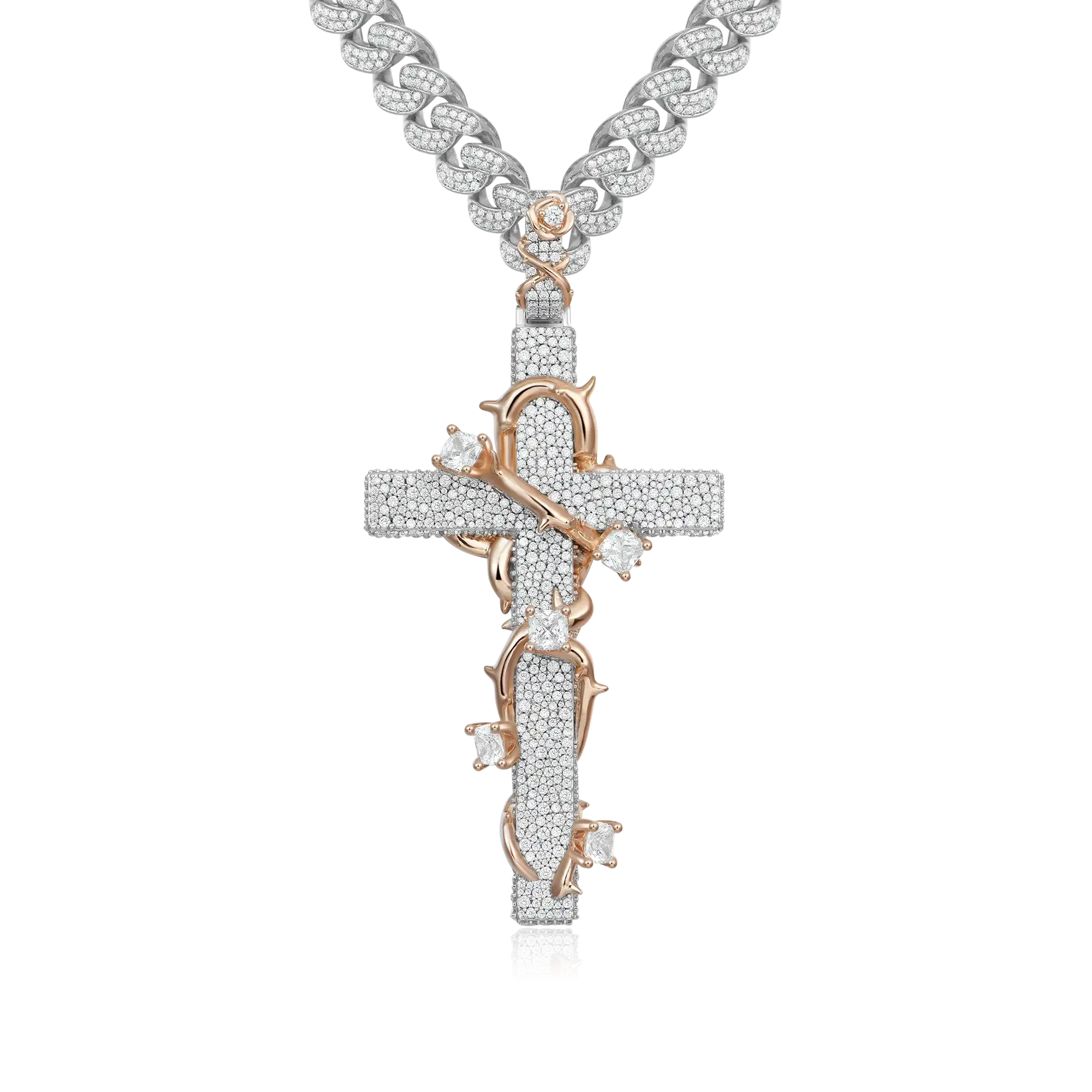 Women's Pave Set Thorned Rose Cross Pendant