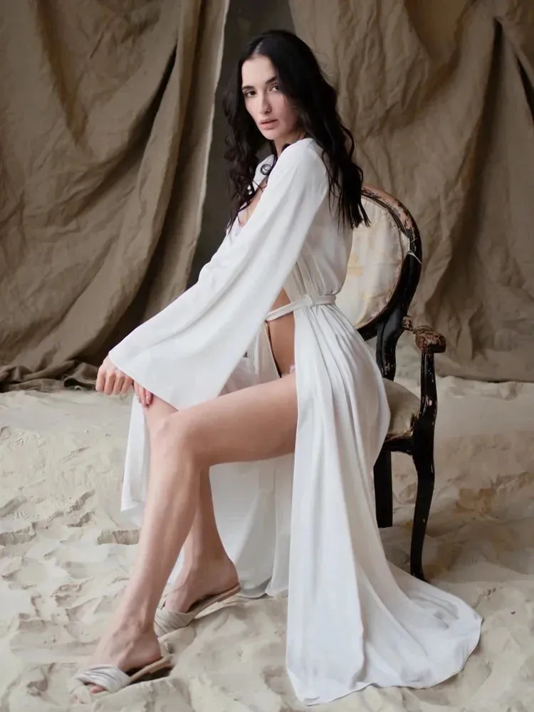 Women's Peignoir Flare Long Sleeve Satin Robe
