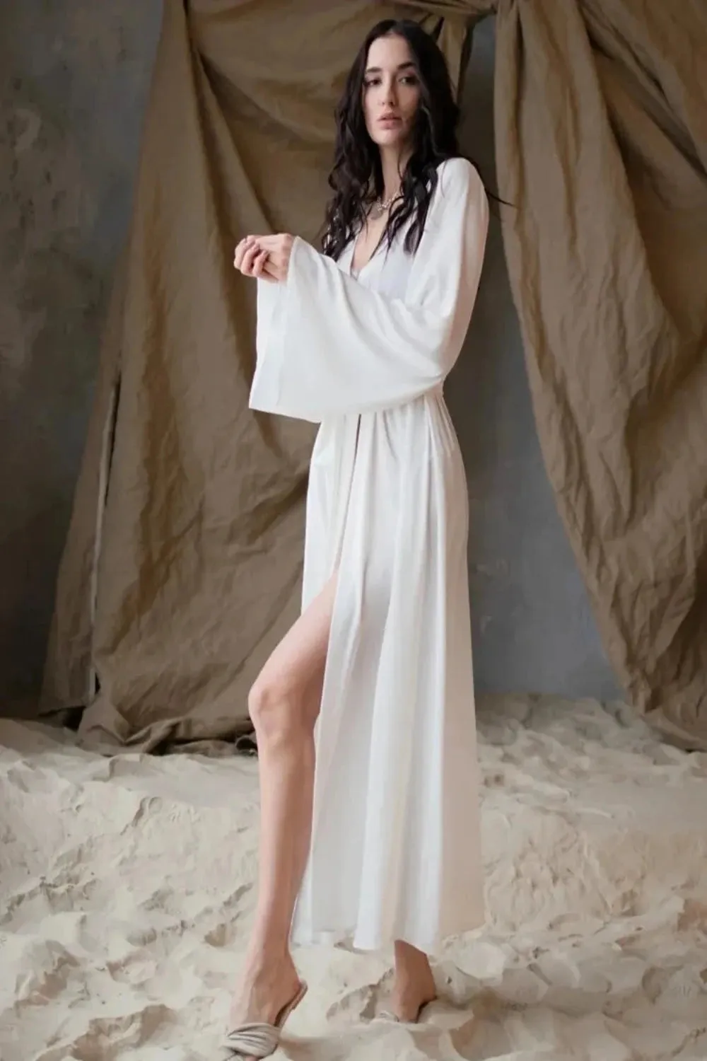 Women's Peignoir Flare Long Sleeve Satin Robe