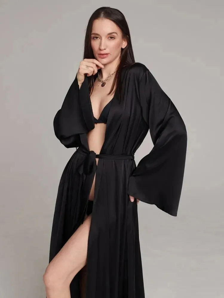 Women's Peignoir Flare Long Sleeve Satin Robe
