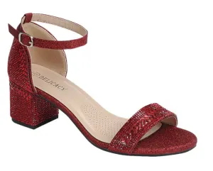 Women's Red Rhinestone Embellished Block Heel with Ankle Strap & Open Toe Strap