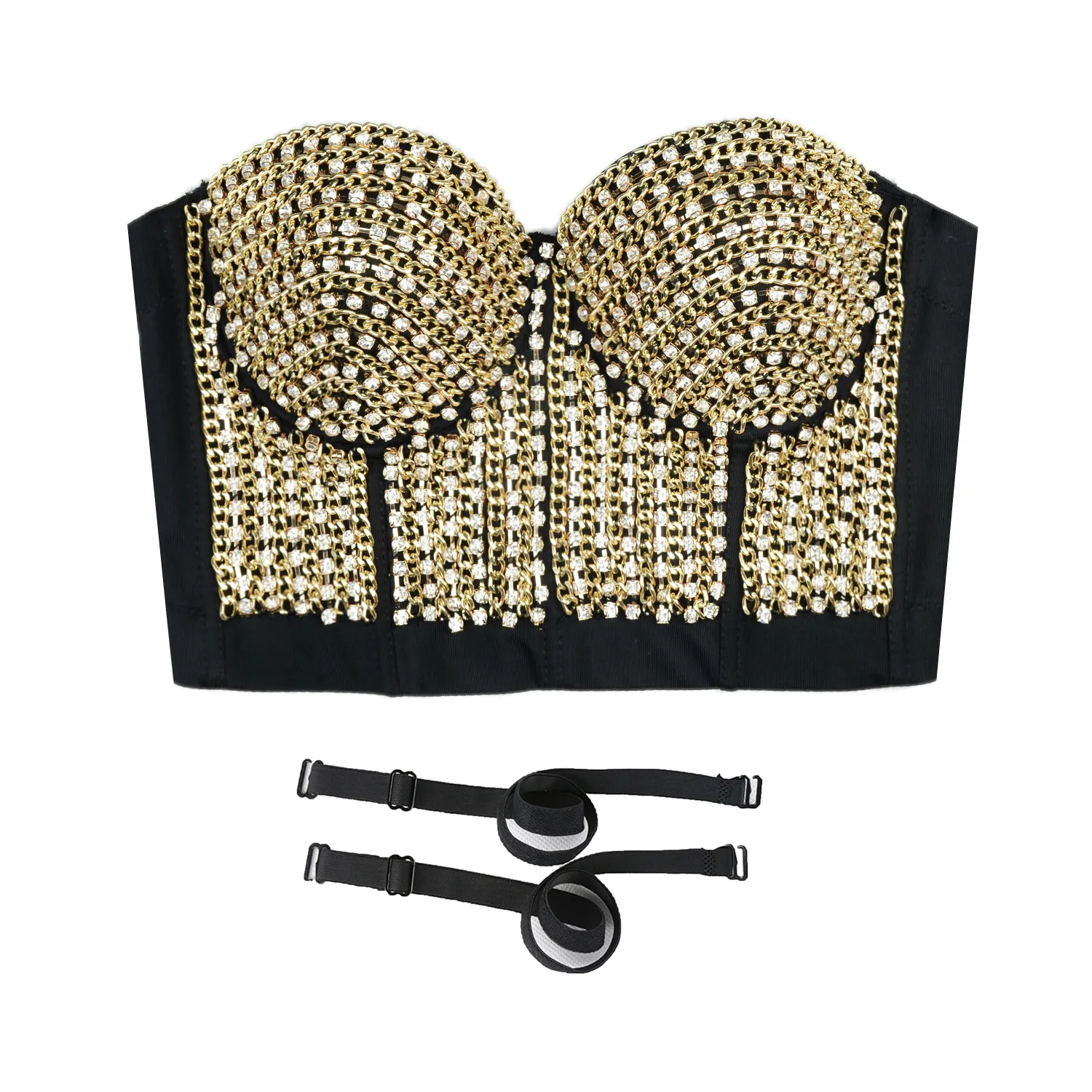 Women's Rhinestone Diamond Chain Bustier Crop Top Corset Top Bralet Gold